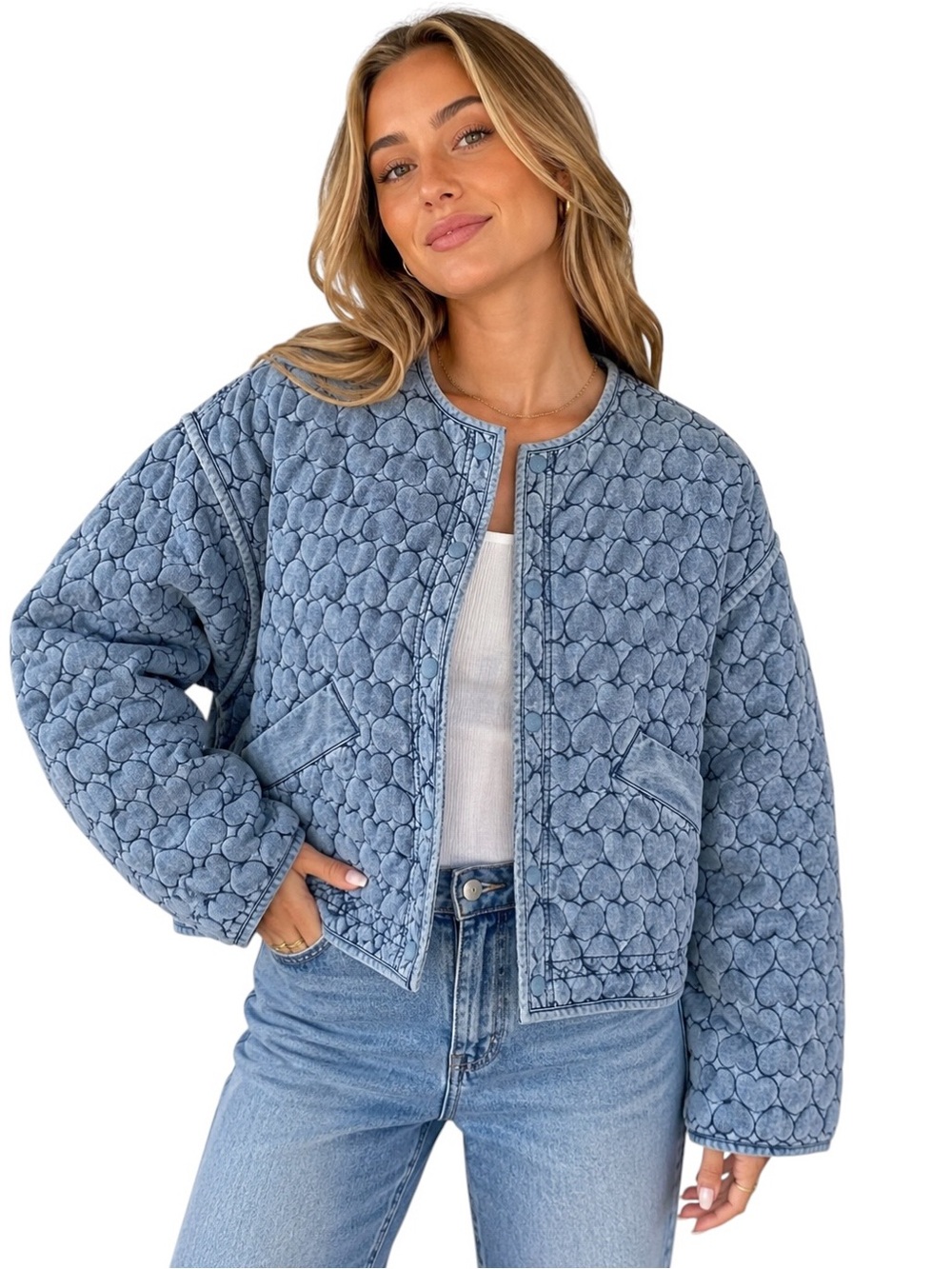 NWT BLANKNYC Heart Quilted Denim Jacket Light Blue Size Small